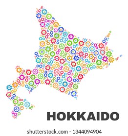 Mosaic technical Hokkaido map isolated on a white background. Vector geographic abstraction in different colors. Mosaic of Hokkaido map combined of scattered colorful gear items.