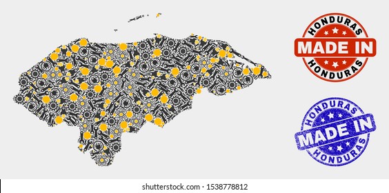 Mosaic technical Honduras map and blue Made In textured stamp. Vector geographic abstraction model for technical, or political illustrations. Mosaic of Honduras map combined of scattered gearwheels,