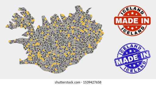 Mosaic technical Iceland map and blue Made In scratched stamp. Vector geographic abstraction model for service, or patriotic purposes. Mosaic of Iceland map combined of random cogwheel, wrenches,