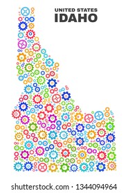 Mosaic technical Idaho State map isolated on a white background. Vector geographic abstraction in different colors. Mosaic of Idaho State map combined of scattered bright wheel items.