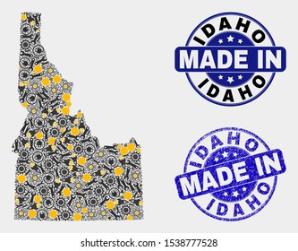 Mosaic technical Idaho State map and blue Made In scratched stamp. Vector geographic abstraction model for technical, or patriotic purposes. Mosaic of Idaho State map combined of scattered wheel,