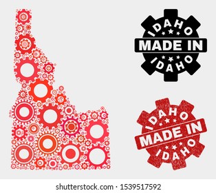 Mosaic technical Idaho State map and grunge stamp. Vector geographic abstraction in red colors. Mosaic of Idaho State map combined of random cogwheel items. Red colored model for technical,