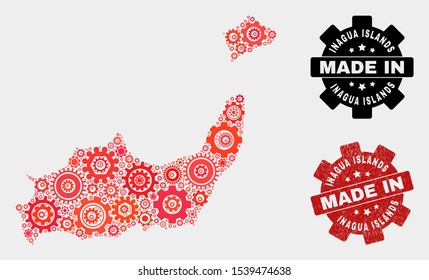 Mosaic technical Inagua Islands map and grunge seal. Vector geographic abstraction in red colors. Mosaic of Inagua Islands map combined of random gear elements. Red colored model for technical,