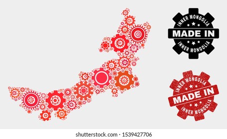 Mosaic technical Inner Mongolia map and scratched stamp. Vector geographic abstraction in red colors. Mosaic of Inner Mongolia map combined of random wheel elements. Red colored model for technical,