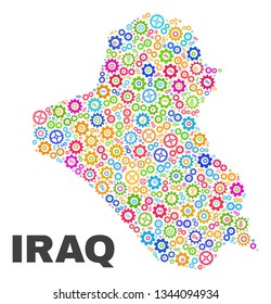 Mosaic technical Iraq map isolated on a white background. Vector geographic abstraction in different colors. Mosaic of Iraq map combined of scattered multi-colored cogwheel items.