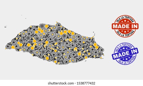 Mosaic technical Isla La Tortuga map and blue Made In grunge seal. Vector geographic abstraction model for service, or patriotic illustrations. Mosaic of Isla La Tortuga map combined of random gears,