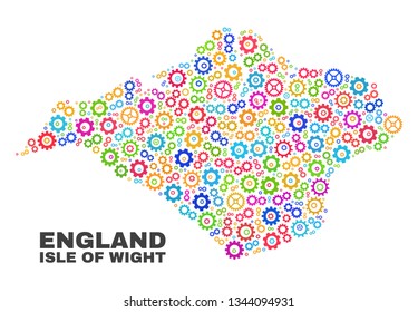 Mosaic technical Isle of Wight map isolated on a white background. Vector geographic abstraction in different colors. Mosaic of Isle of Wight map combined of scattered multi-colored cogwheel items.