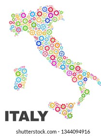 Mosaic technical Italy map isolated on a white background. Vector geographic abstraction in different colors. Mosaic of Italy map combined of scattered colorful cogwheel items.
