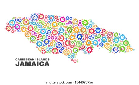 Mosaic technical Jamaica map isolated on a white background. Vector geographic abstraction in different colors. Mosaic of Jamaica map composed from scattered bright gear elements.