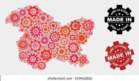 Mosaic technical Jammu and Kashmir State map and grunge seal. Vector geographic abstraction in red colors. Mosaic of Jammu and Kashmir State map combined of scattered cog elements.