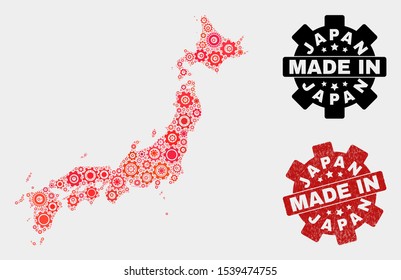 Mosaic technical Japan map and scratched seal. Vector geographic abstraction in red colors. Mosaic of Japan map combined of scattered wheel elements. Red colored model for technical,