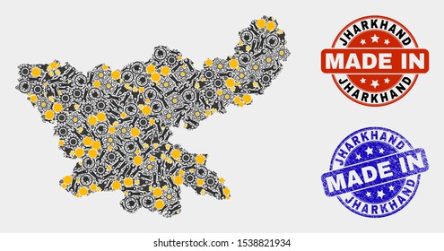 Mosaic technical Jharkhand State map and blue Made In textured seal. Vector geographic abstraction model for technical, or patriotic purposes.