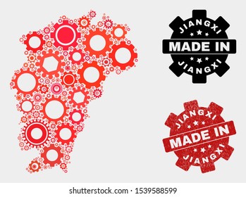 Mosaic technical Jiangxi Province map and scratched seal. Vector geographic abstraction in red colors. Mosaic of Jiangxi Province map combined of random gearwheel items.