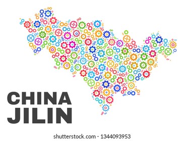 Mosaic technical Jilin Province map isolated on a white background. Vector geographic abstraction in different colors. Mosaic of Jilin Province map combined of scattered multi-colored cogwheel items.