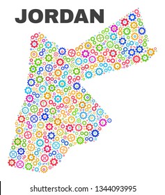 Mosaic technical Jordan map isolated on a white background. Vector geographic abstraction in different colors. Mosaic of Jordan map combined of scattered multi-colored gearwheel elements.