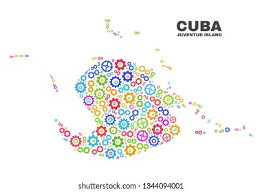 Mosaic technical Juventud Island map isolated on a white background. Vector geographic abstraction in different colors. Mosaic of Juventud Island map designed from scattered multi-colored cog items.