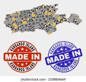 Mosaic technical Kangaroo Island map and blue Made In textured seal. Vector geographic abstraction model for service, or patriotic illustrations.