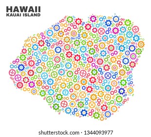 Mosaic technical Kauai Island map isolated on a white background. Vector geographic abstraction in different colors. Mosaic of Kauai Island map combined of scattered multi-colored cog elements.