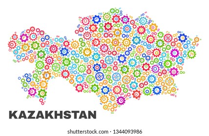 Mosaic technical Kazakhstan map isolated on a white background. Vector geographic abstraction in different colors. Mosaic of Kazakhstan map combined of scattered multi-colored cogwheel elements.