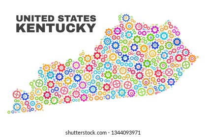 Mosaic technical Kentucky State map isolated on a white background. Vector geographic abstraction in different colors. Mosaic of Kentucky State map designed from random multi-colored cog items.