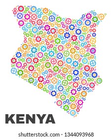 Mosaic technical Kenya map isolated on a white background. Vector geographic abstraction in different colors. Mosaic of Kenya map combined of scattered multi-colored wheel items.