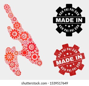 Mosaic technical Koh Phi Don map and grunge stamp. Vector geographic abstraction in red colors. Mosaic of Koh Phi Don map combined of scattered gearwheel elements.