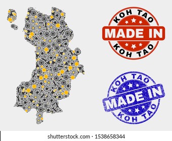 Mosaic technical Koh Tao map and blue Made In textured seal. Vector geographic abstraction model for technical, or patriotic purposes. Mosaic of Koh Tao map combined of random cogs, wrenches, lamps,
