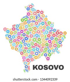 Mosaic technical Kosovo map isolated on a white background. Vector geographic abstraction in different colors. Mosaic of Kosovo map combined of scattered multi-colored cog elements.