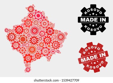 Mosaic technical Kosovo map and textured stamp. Vector geographic abstraction in red colors. Mosaic of Kosovo map combined of scattered gear items. Red colored model for technical,