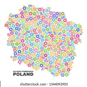 Mosaic technical Kujawy-Pomerania Province map isolated on a white background. Vector geographic abstraction in different colors.