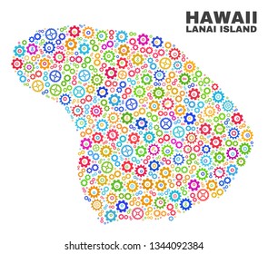 Mosaic technical Lanai Island map isolated on a white background. Vector geographic abstraction in different colors. Mosaic of Lanai Island map combined of random multi-colored gear items.