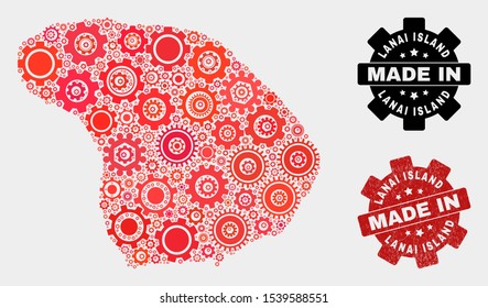 Mosaic technical Lanai Island map and scratched stamp. Vector geographic abstraction in red colors. Mosaic of Lanai Island map combined of random cogwheel items. Red colored model for technical,