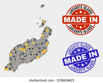 Mosaic technical Lanzarote Islands map and blue Made In grunge seal. Vector geographic abstraction model for industrial, or political templates.