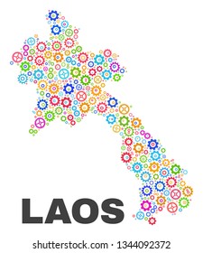 Mosaic technical Laos map isolated on a white background. Vector geographic abstraction in different colors. Mosaic of Laos map combined of random multi-colored cogwheel items.