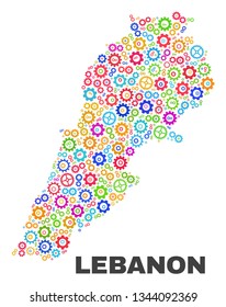 Mosaic technical Lebanon map isolated on a white background. Vector geographic abstraction in different colors. Mosaic of Lebanon map designed from scattered multi-colored cogwheel elements.