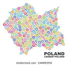 Mosaic technical Lesser Poland Voivodeship map isolated on a white background. Vector geographic abstraction in different colors.