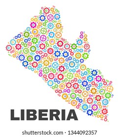 Mosaic technical Liberia map isolated on a white background. Vector geographic abstraction in different colors. Mosaic of Liberia map composed from random multi-colored gear elements.