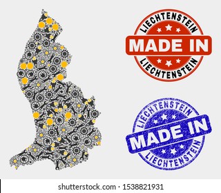 Mosaic technical Liechtenstein map and blue Made In textured seal. Vector geographic abstraction model for technical, or political purposes. Mosaic of Liechtenstein map designed from random cogs,