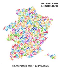 Mosaic technical Limburg Province map isolated on a white background. Vector geographic abstraction in different colors. Mosaic of Limburg Province map combined of random multi-colored wheel items.