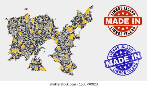 Mosaic technical Limnos Island map and blue Made In grunge seal. Vector geographic abstraction model for technical, or political posters. Mosaic of Limnos Island map combined of scattered cogwheel,