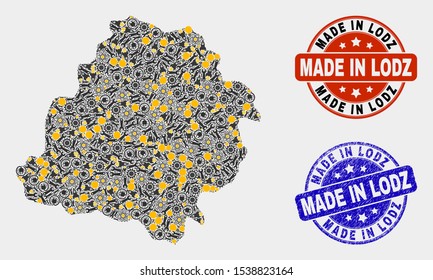 Mosaic technical Lodz Voivodeship map and blue Made In textured stamp. Vector geographic abstraction model for technical, or patriotic purposes.