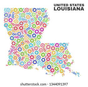 Mosaic technical Louisiana State map isolated on a white background. Vector geographic abstraction in different colors. Mosaic of Louisiana State map combined of random multi-colored gearwheel items.
