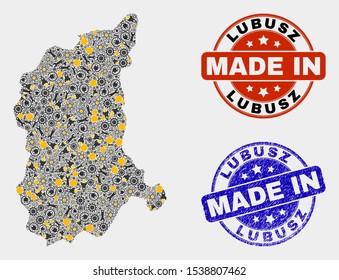 Mosaic technical Lubusz Voivodeship map and blue Made In grunge seal. Vector geographic abstraction model for technical, or patriotic posters.