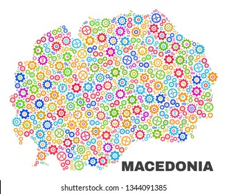 Mosaic technical Macedonia map isolated on a white background. Vector geographic abstraction in different colors. Mosaic of Macedonia map combined of random multi-colored gear elements.