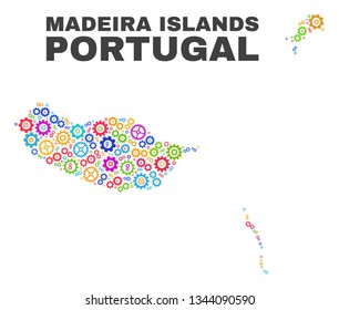 Mosaic technical Madeira Islands map isolated on a white background. Vector geographic abstraction in different colors. Mosaic of Madeira Islands map composed from random multi-colored cogwheel items.