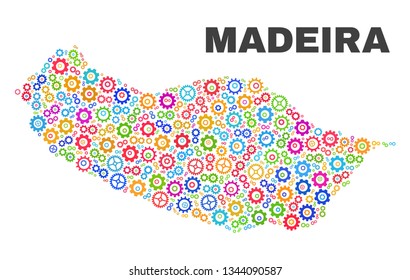 Mosaic technical Madeira map isolated on a white background. Vector geographic abstraction in different colors. Mosaic of Madeira map combined of random colorful cog elements.