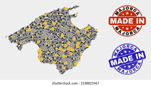 Mosaic technical Majorca map and blue Made In scratched seal. Vector geographic abstraction model for technical, or political templates. Mosaic of Majorca map designed from random gearwheels,