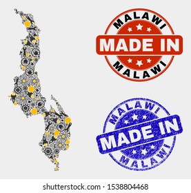 Mosaic technical Malawi map and blue Made In textured stamp. Vector geographic abstraction model for service, or political purposes. Mosaic of Malawi map combined of scattered gearwheels, wrenches,