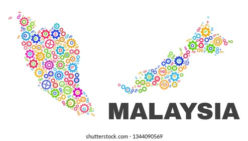 Mosaic technical Malaysia map isolated on a white background. Vector geographic abstraction in different colors. Mosaic of Malaysia map designed from random multi-colored cog elements.