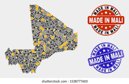 Mosaic technical Mali map and blue Made In grunge stamp. Vector geographic abstraction model for service, or patriotic purposes. Mosaic of Mali map combined of scattered gearwheels, wrenches,